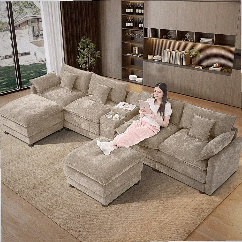 145" Large 6 Seat U Shaped Oversized Modular Sectional Sofa Couch with USB Port