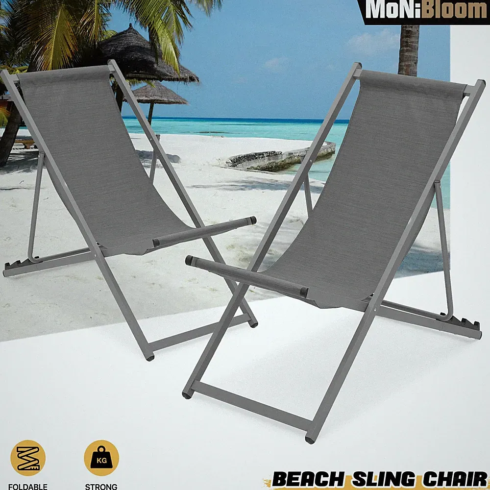 2 Pack Foldable Beach Sling Chair Set Adjustable Backrest Reclinable Lounge Seat