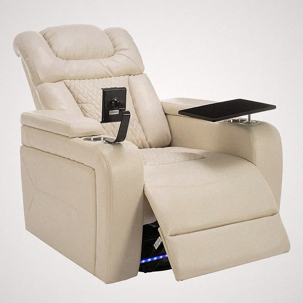 270° Swivel PU Leather Power Recliner w/Tray Table Phone USB Cup Hldrs Storage