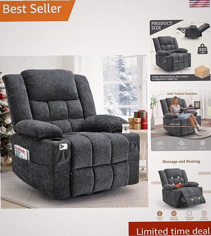 360° Swivel Rocker Recliner for Adults, Nursery Glider Recliner with Massage...