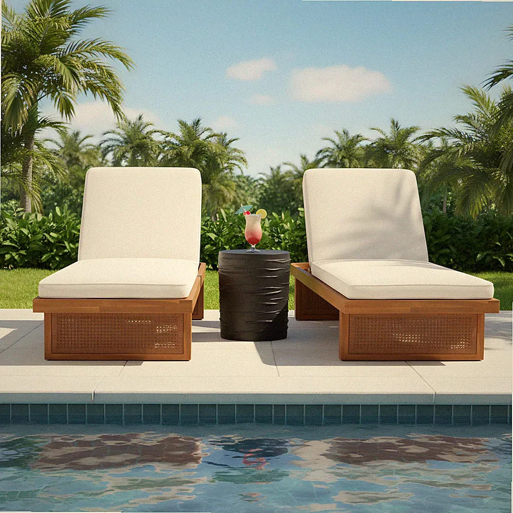 Acacia Wood Lounger & Concrete Side Table Set, 2 Recliners w/ Cushions