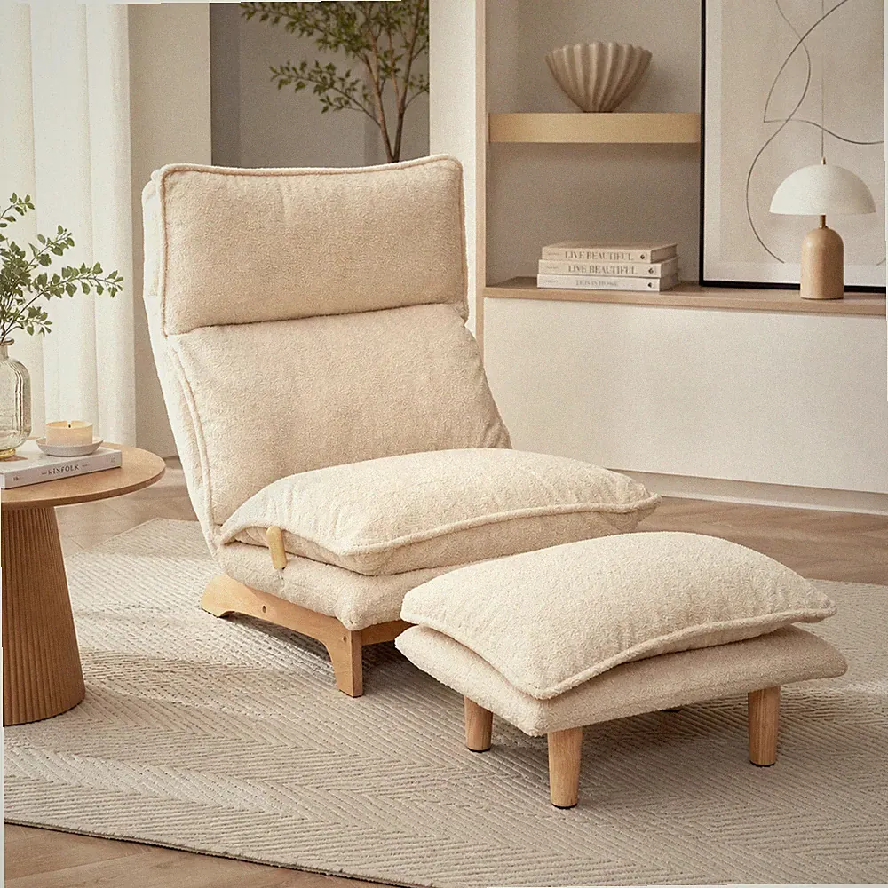 Adjustable floor recliner chair cotton filled 3 position beige lounge seat