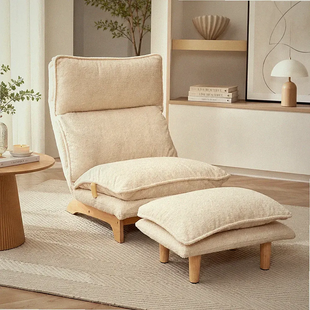 Adjustable floor recliner chair cotton filled 3 position beige lounge seat