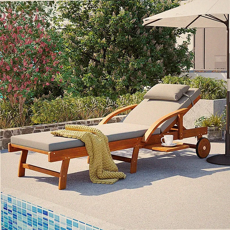 Adjustable Outdoor Chaise Lounge Chair Reclining Patio Pool Lounger Red Wood