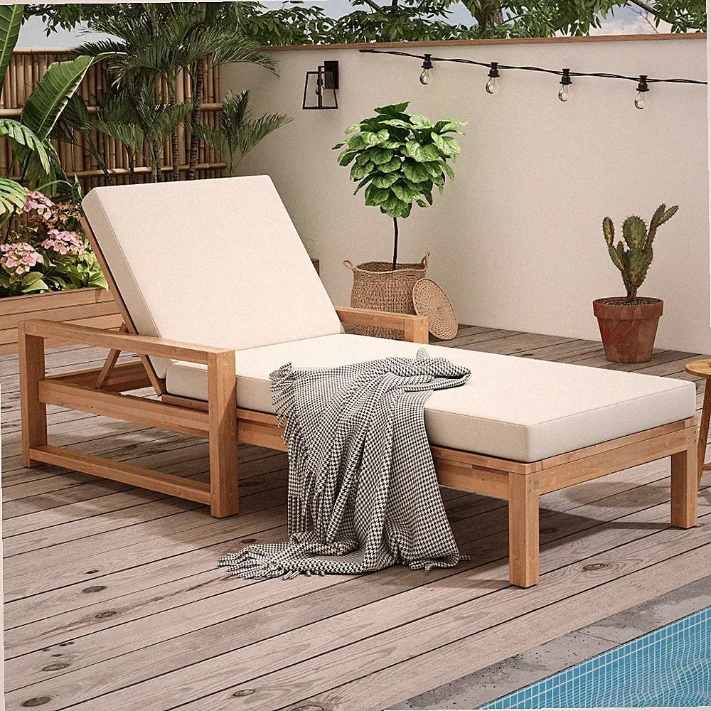 Adjustable Outdoor Lounge Recliner Chair w/Cushion Pool Backyard Deck Lawn Wood