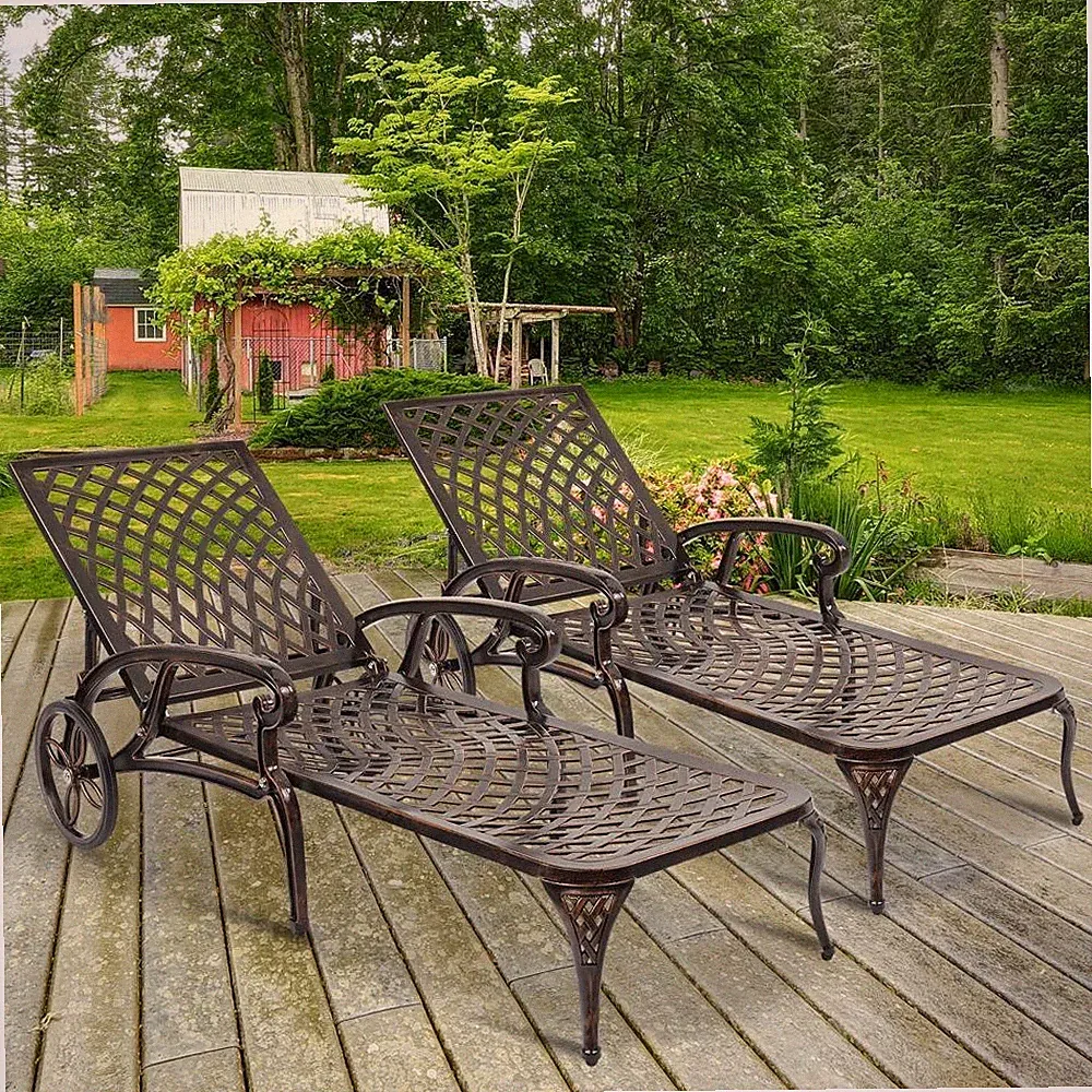 Adjustable Pool Chaise Lounge Chair Patio Cast Aluminum Recliner with Wheels NEW