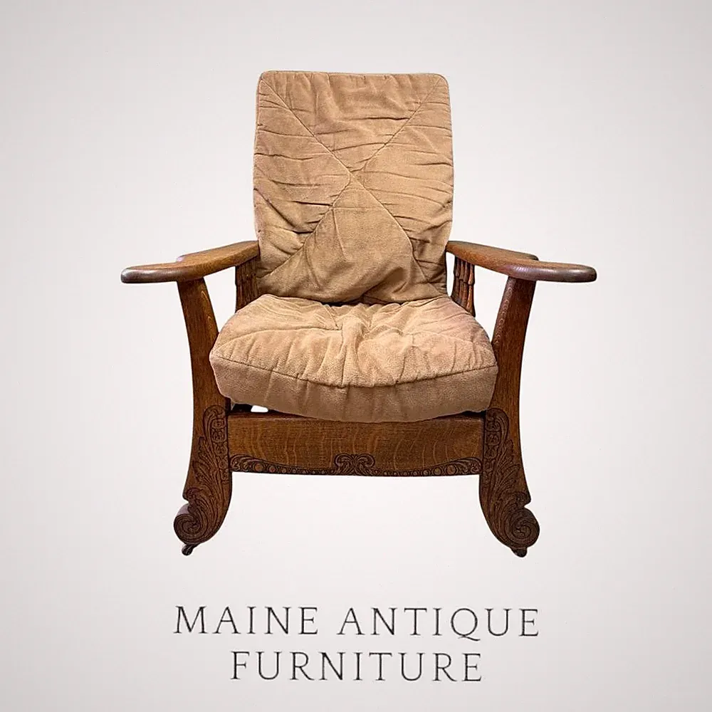 Antique Oak Reclining Morris Chair – Carved Quartersawn Frame #22526