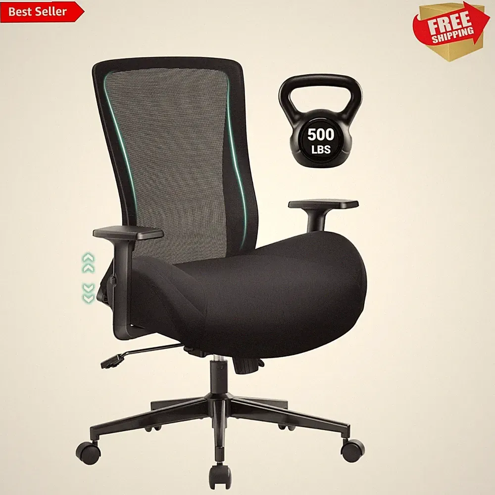 Big and Tall Home Office Desk Chair 500lb Capacity for Heavy People, Ergonomi...