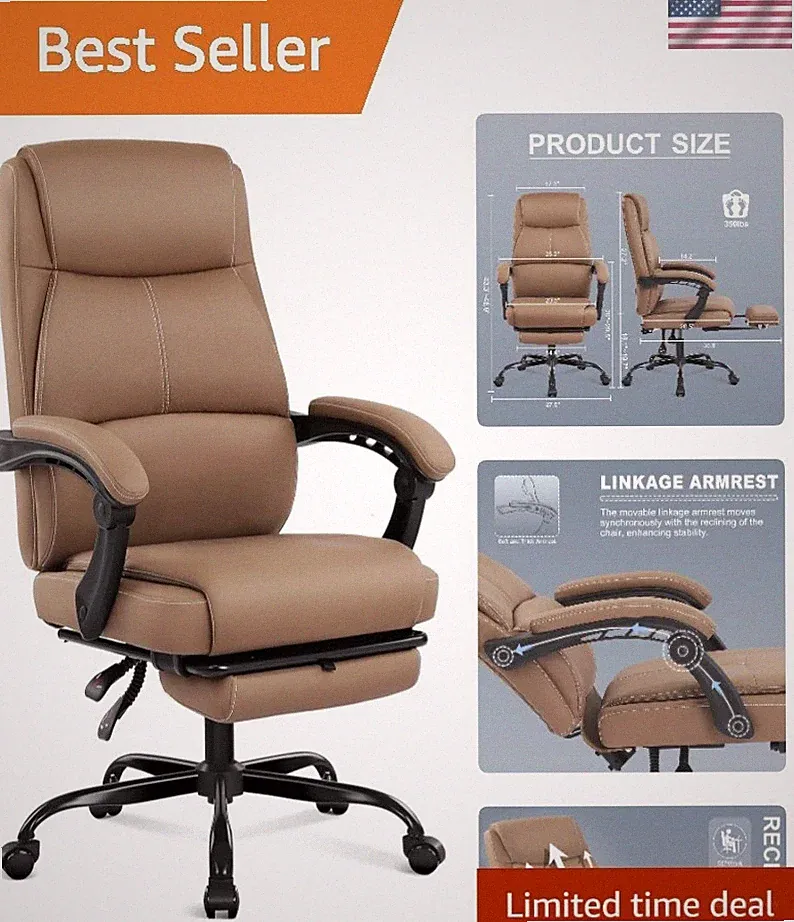 Big Tall Office Chair with Footrest Reclining Leather Desk Chair Adjustable H...