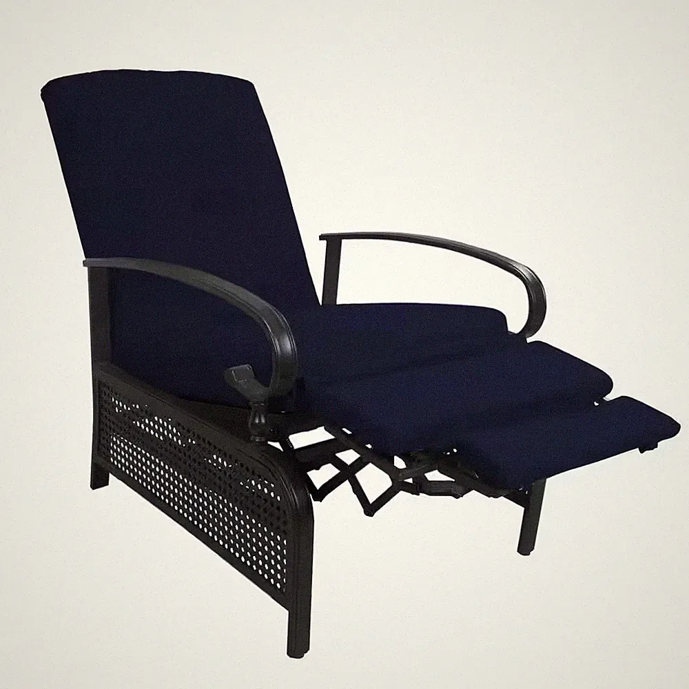 Black Metal Frame Outdoor Recliner with Navy Blue Cushions for Outdoor Reading