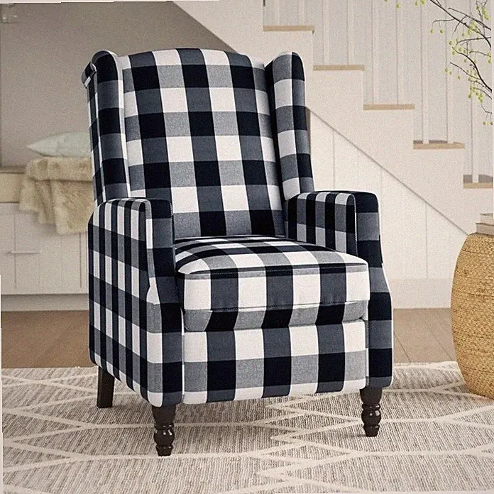 Black Plaid Recliner Manual Pushback Accent Wingback Armchair Recliners Chair