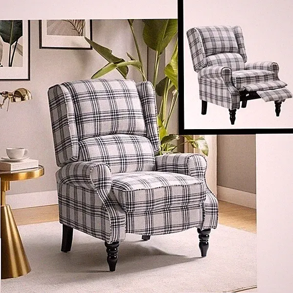 Black Plaid Wingback Manual Pushback Armchair Recliner Chairs Recliners Chair