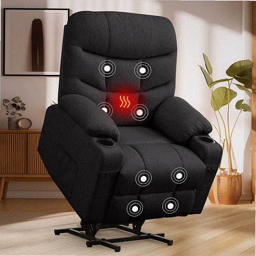 Black Power Lift Recliner Remote Heat Massage Arm Chair Armchair Linen Recliners