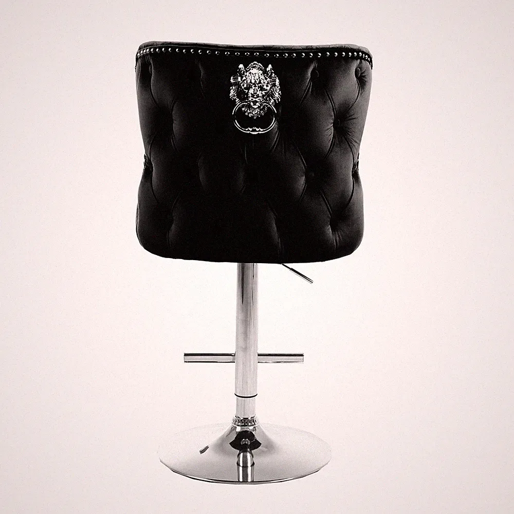 BLACK ROYAL Lion Knocker Quilted Front Tufted back Velvet Chrome Bar Stool