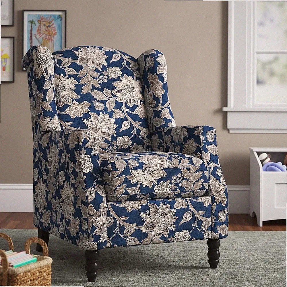 Blue Floral Recliner Pushback Accent Wingback Armchair Recliner Manual Arm Chair