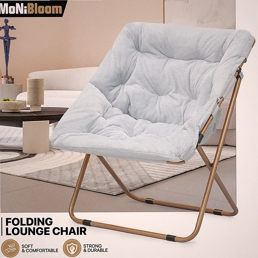 Blue Foldable Saucer Cozy Chair Oversized Moon Lounge Faux Fur Upholstery Seat