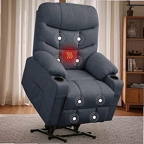 Blue Power Lift Recliner Heat Massage Armchair Remote Chairs Linen Recliners