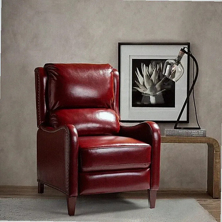 Burgundy Red Top Grain Leather Pushback Recliner Club Chair Armchair Wingback