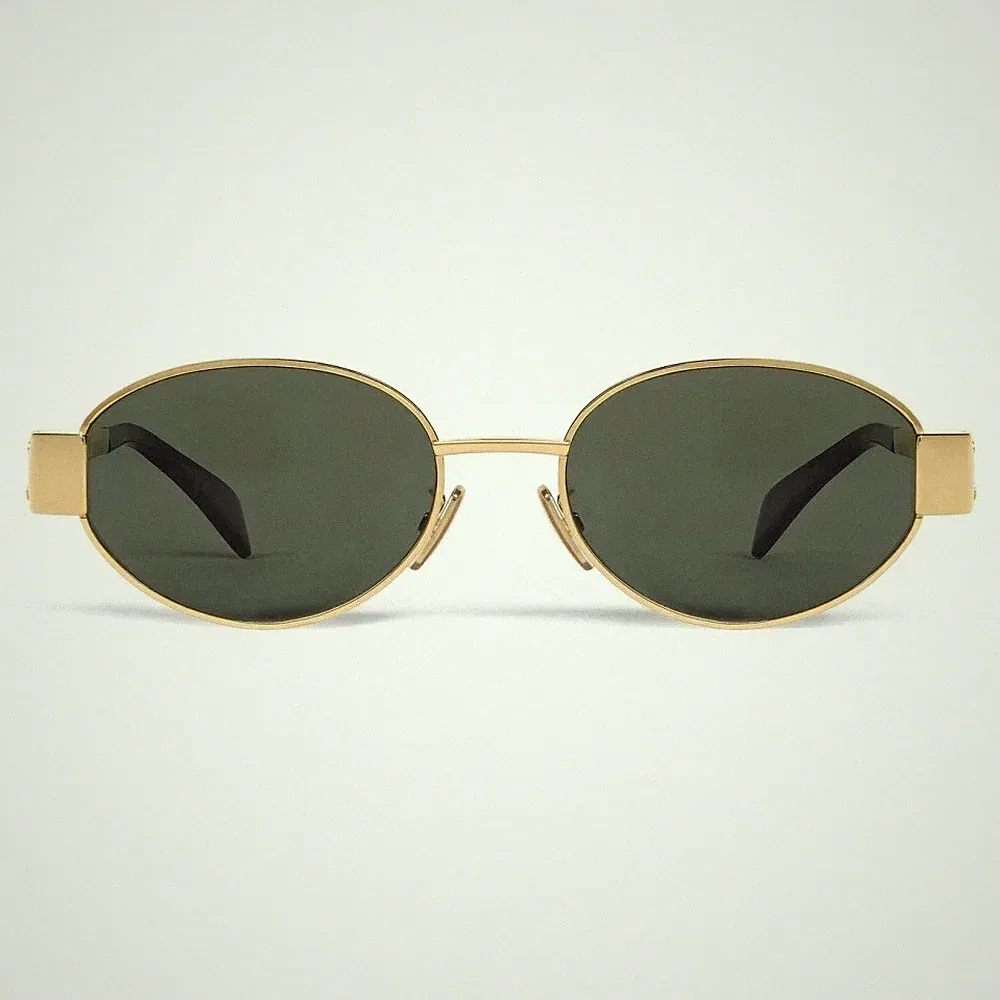 Celine CL40235U 30N Triomphe Metal Oval Sunglasses Gold Green Lens AUTHENTIC