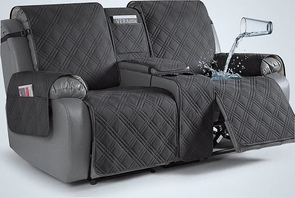 Charcoal Gray Loveseat Recliner Cover with Console - Non-Slip Pet Protector