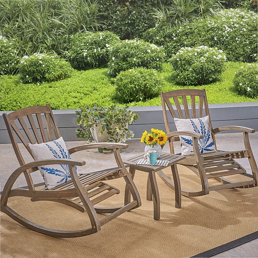 Clark Acacia Wood Rocker Recliners with Side Table For Porch and Patio