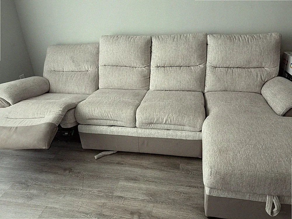 Contemporary Beige Sectional Sofa with Chaise Right, Manual Recliner, Linen