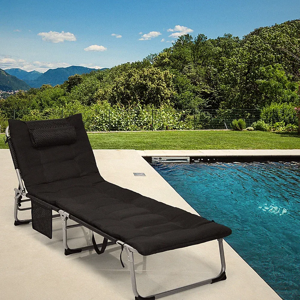 Costway 4-Fold Oversize Padded Folding Chaise Lounge Chair Recliner Black