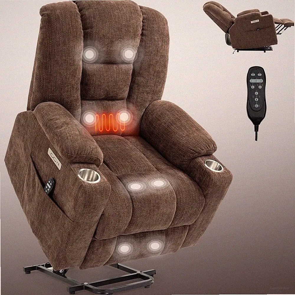 EMON'S Power Lift Recliner Massage Heat Elderly USB-C 2 Cup Holders Brown 350LB