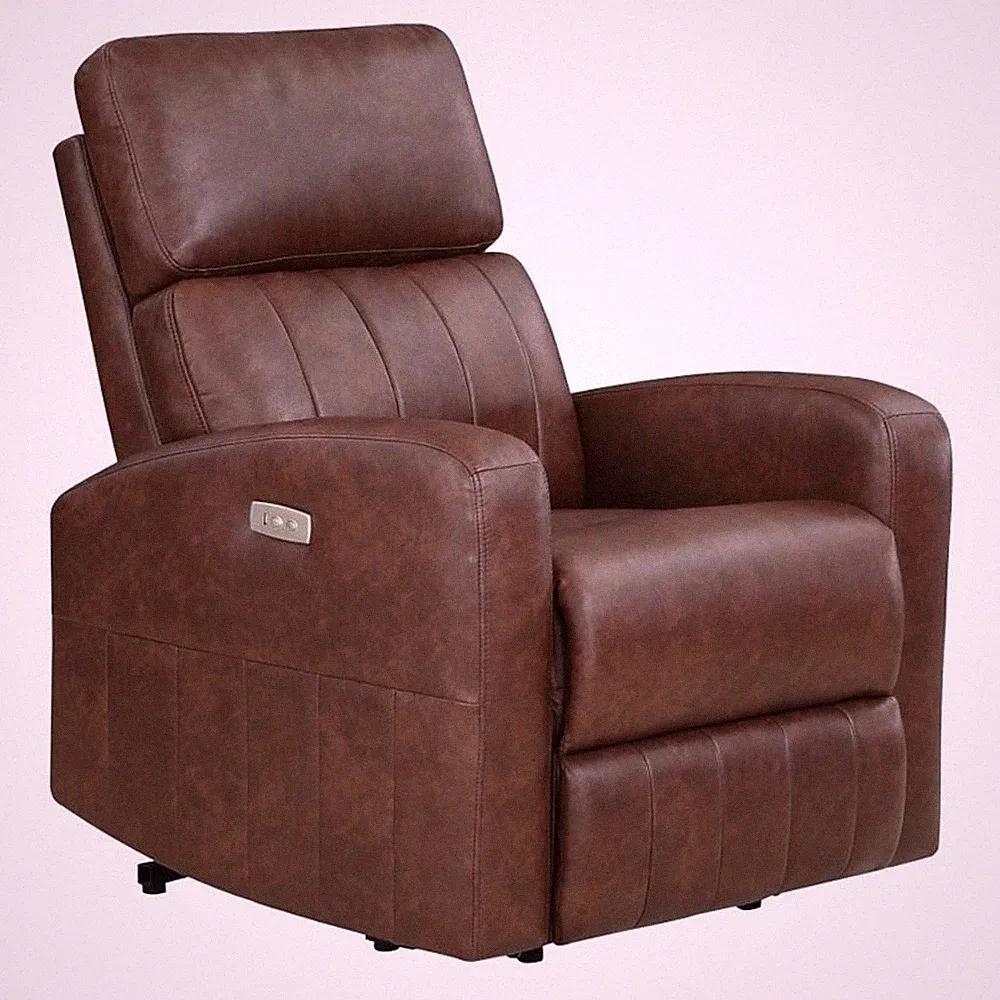 Eva 38 Inch Power Lift Recliner Chair- Brown Faux Leather- Solid Wood
