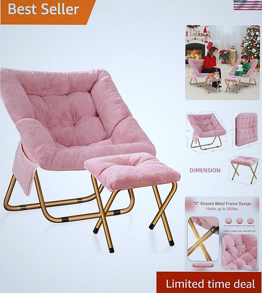 Faux Fur Saucer Chair Foldable Lounge Chair Pink Soft Faux Fur Comfortable