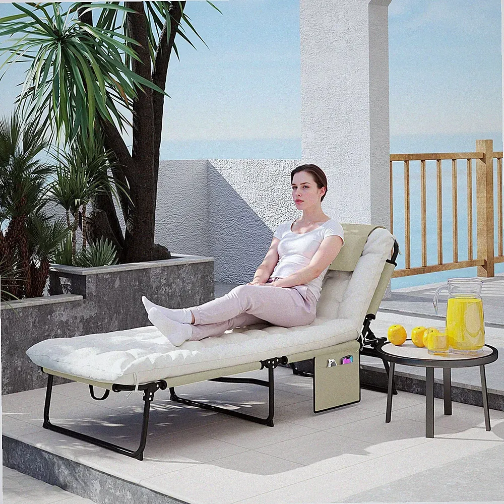 Folding Chaise Lounge Pool Chair with 4-level Reclining Back, Cushion, Side Poc