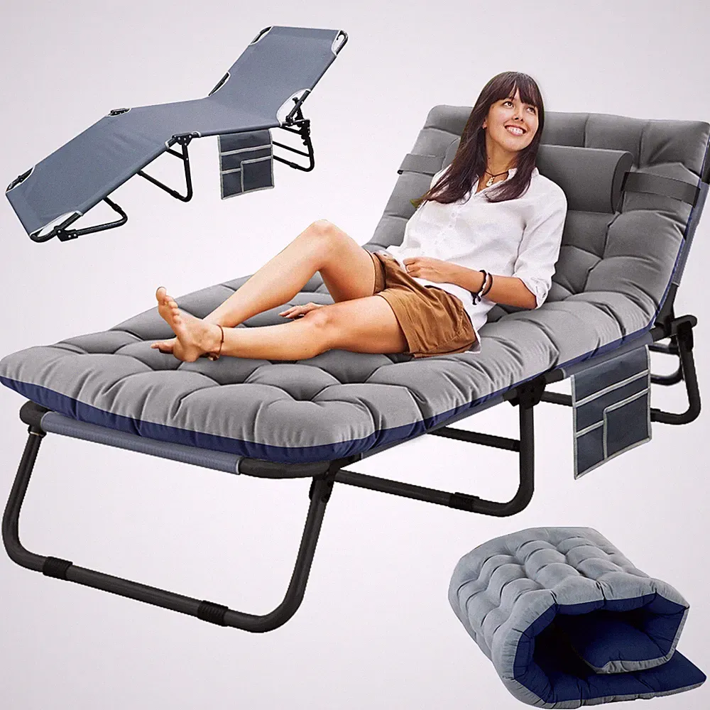 Folding Reclining Cot Outdoor Beach Patio Chaise Lounge Chair Pool With Blue Pad