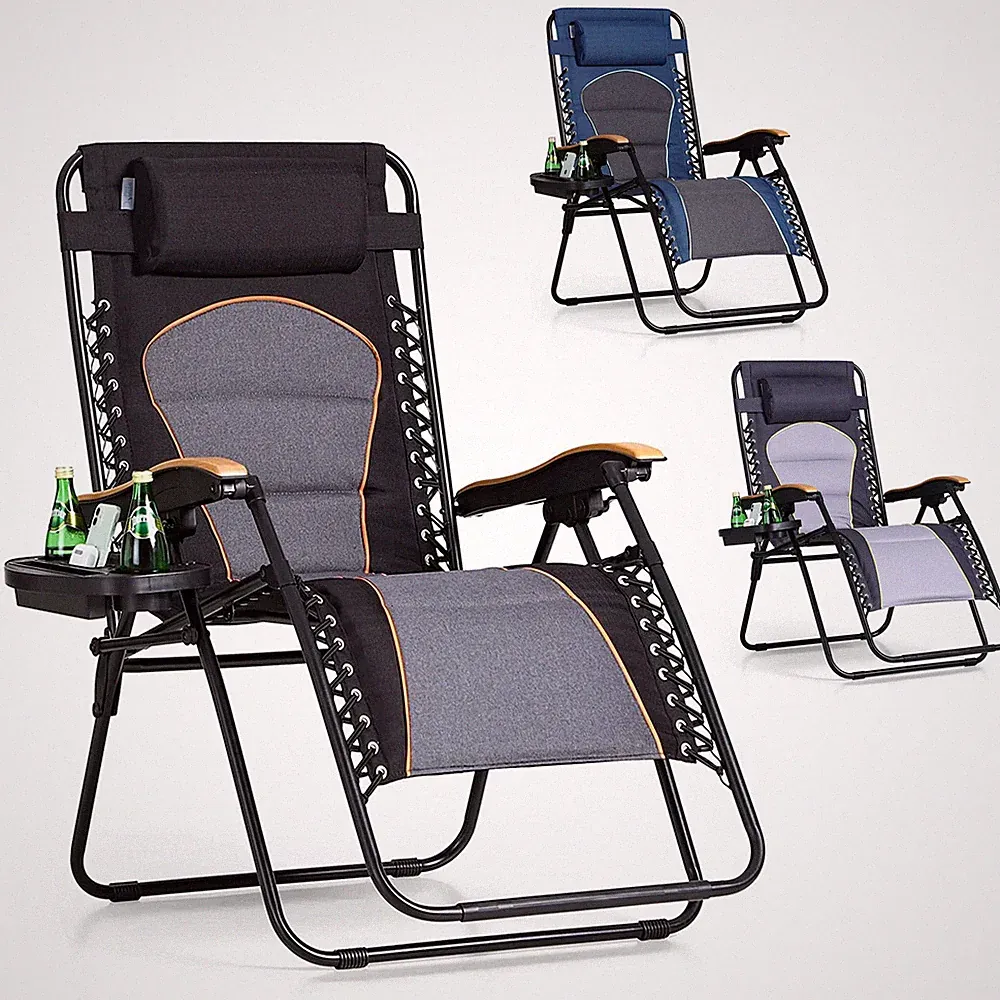 Folding Zero Gravity Reclining Lounge Chair Oversize Outdoor Beach Patio W/ Tray