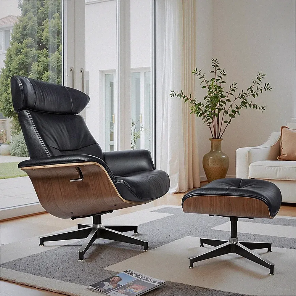 Genuine Leather Recliner With Ottoman Lounge chair Adjust Backrest Walnut Black