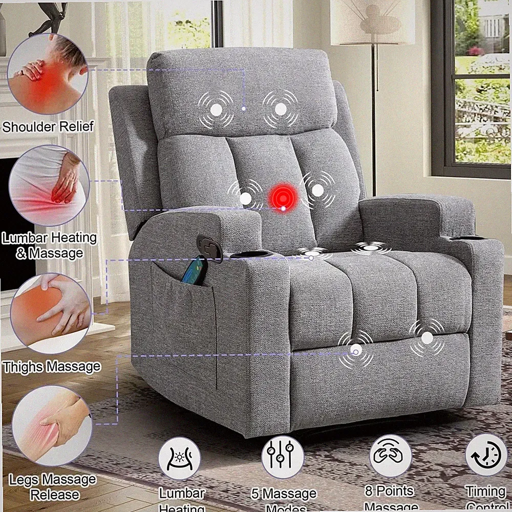 Gray Heat Massage Manual Recliner Chair Arm Chairs Grey Upholstered Recliners