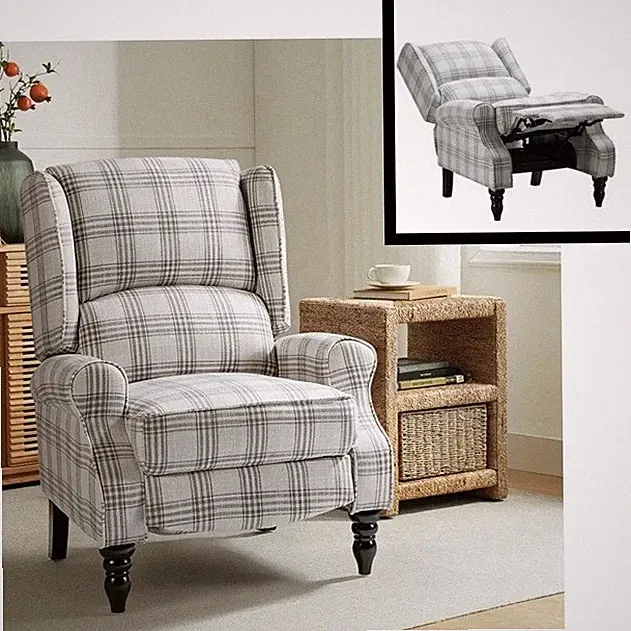 Gray Plaid Wingback Manual Pushback Armchair Recliner Chairs Recliners Grey New