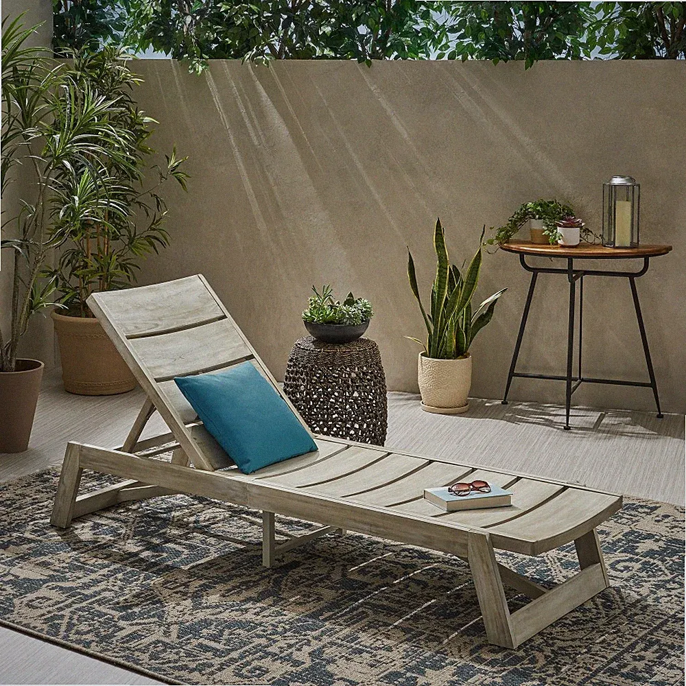 Grey Chaise Lounge - Acacia Wood & Metal Adjustable 400 LBS Capacity Outdoor Use