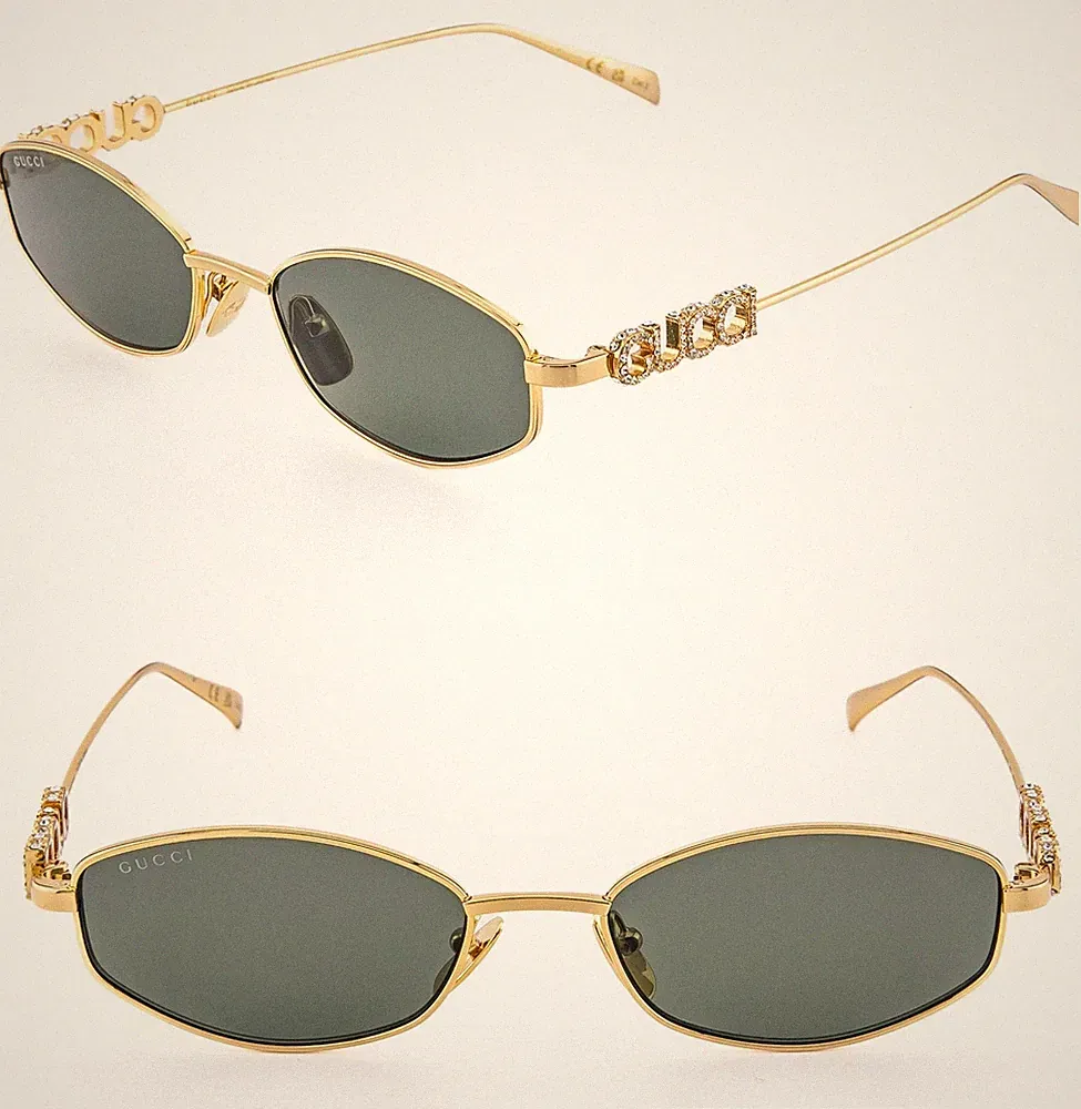 GUCCI 1802 Gg1802S Gold Green Oval Narrow Unisex Crystal Logo Metal Sunglass 001