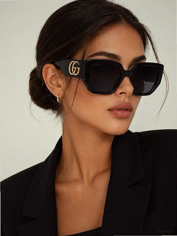Gucci Oversized Square Black Sunglasses Gold GG Logo Luxury Women