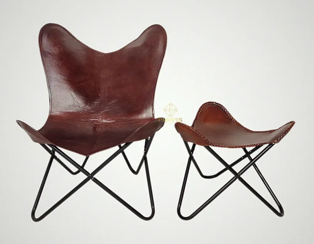 Handmade Leather Butterfly Chair with Stool Genuine Leather Folding Lounge Chair