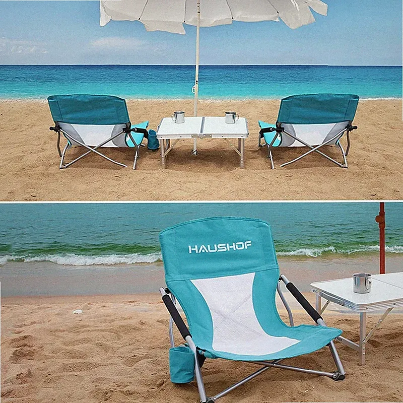 HAUSHOF Low Beach Chair Folding Chair Mesh Back Low Seat Armrest Camping Chairs