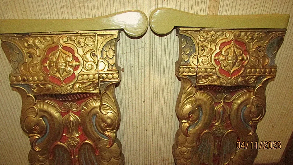 Haywood Wakefield Antique Cast Iron Theater Seat Row ends. Masonic art