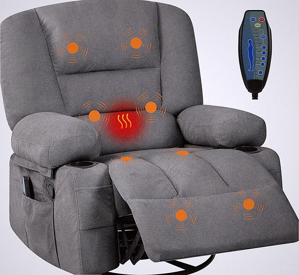 Heated Massage Recliner Chair W/ 360° Swivel Rocker, Side Pockets & Cup Holder