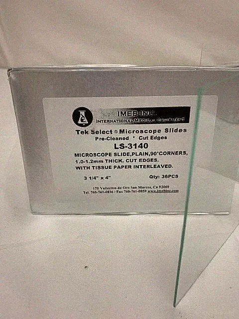 IMEB Oversized / Large Microscope Slides 3 1/4" x 4" Cut Edges, Box of 36 Slides