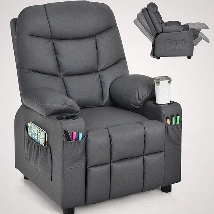 Kids Recliner Chair PU Leather Children Room Chair W/ Cup Holders & Side Pockets