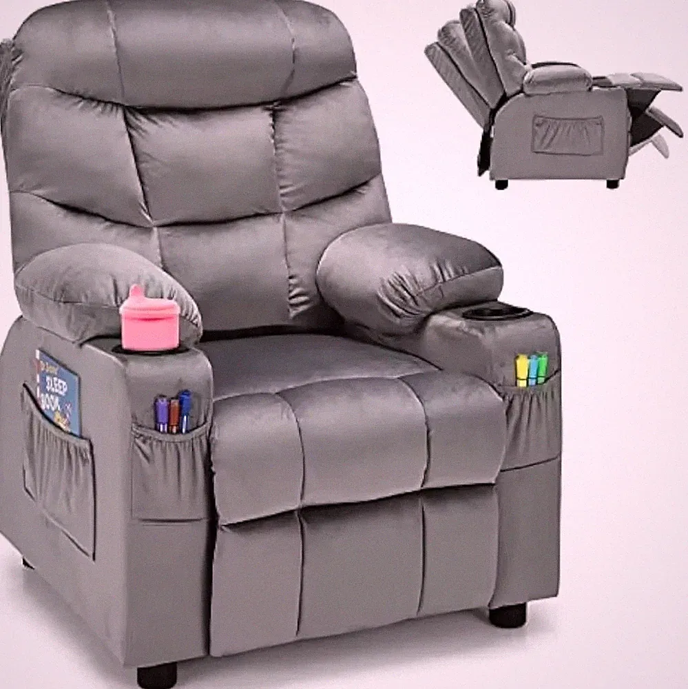 Kids Recliner Chair with Cup Holder, Adjustable Velvet Lounge Chair Footrest.