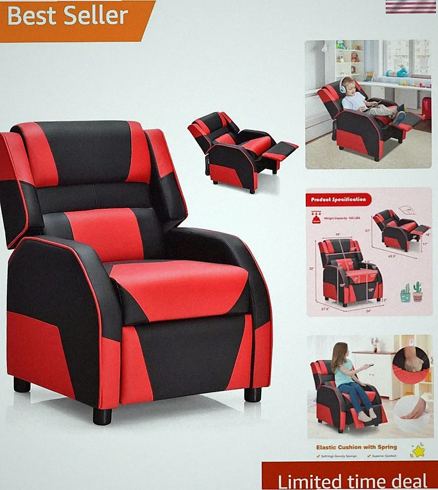 Kids Recliner, Gaming Recliner Chair w/Footrest, Headrest & Lumbar Support, E...