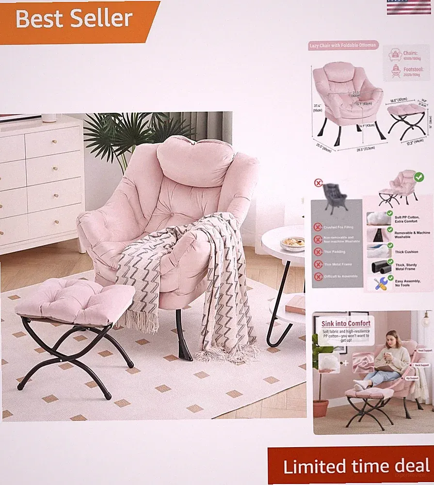 Lazy Chair with Ottoman, Modern Chair with Folding Footrest, Velvet Pink Acce...