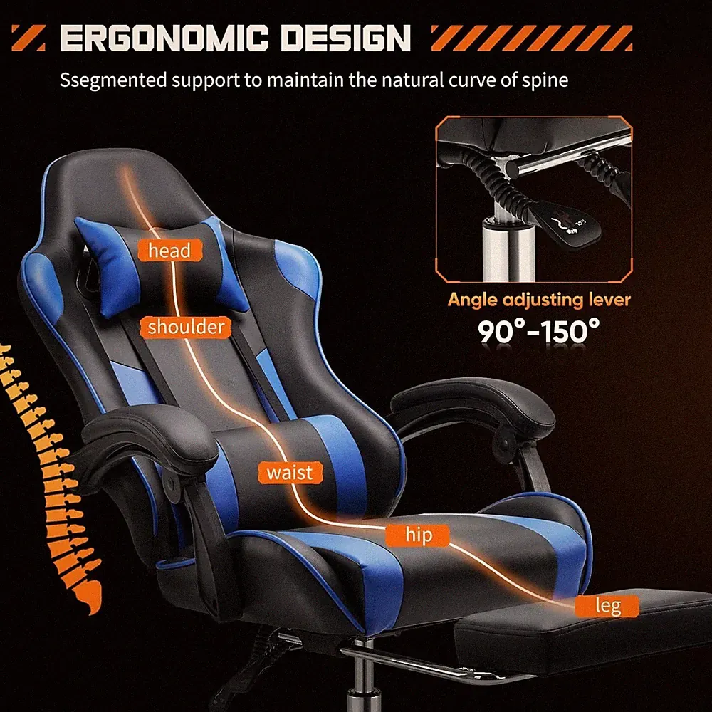 Leather Ergonomic Reclining Gaming Chair - Adjustable, with Wheels and Footrest