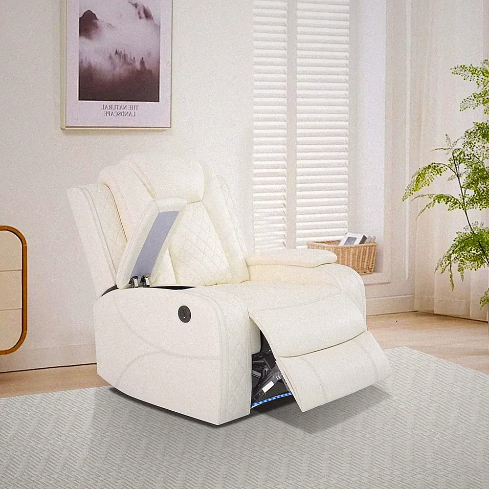 Leather Power Recliner Chair, Creamy White Power Living Room Furniture Sets with